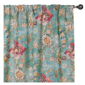 Genevieve Aqua Floral Cotton Sleeve Top Curtains Set Of 2